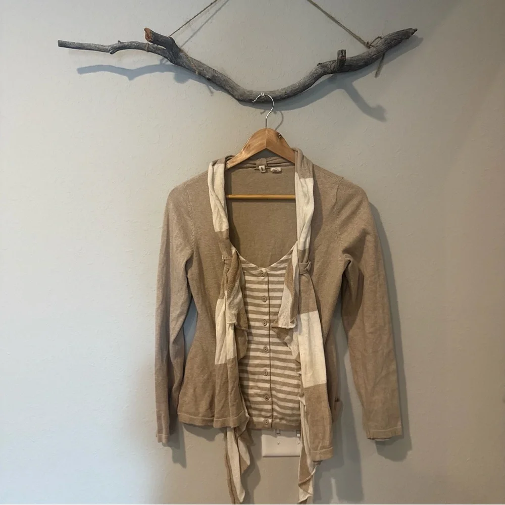 Anthropologie Moth Yemaya Draped Tan and White Sweater Cardigan